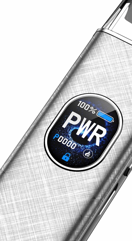 Close-up of XROS 5 refillable salt nic vape with 0.88-inch HD screen displaying power and battery, perfect for monitoring your best nic salt vape.